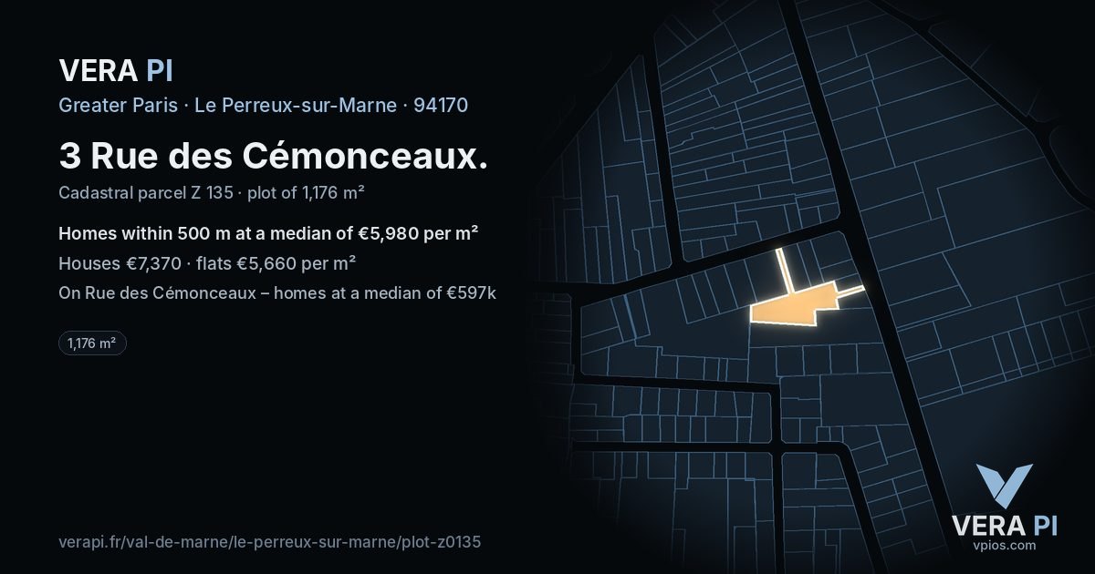 3 Rue des Cémonceaux, Le Perreux-sur-Marne at night – the plot lit, the parcels around coloured by the prices near them