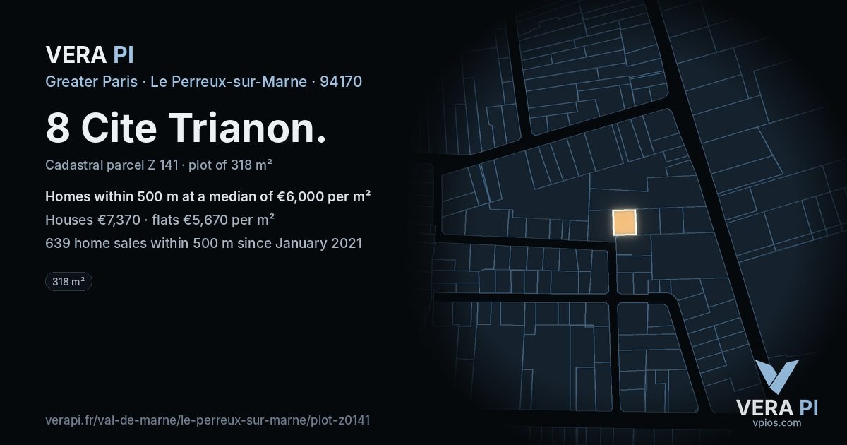8 Cite Trianon, Le Perreux-sur-Marne at night – the plot lit, the parcels around coloured by the prices near them