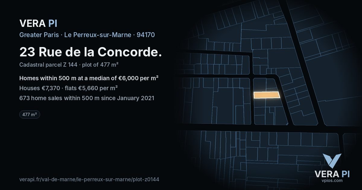 23 Rue de la Concorde, Le Perreux-sur-Marne at night – the plot lit, the parcels around coloured by the prices near them