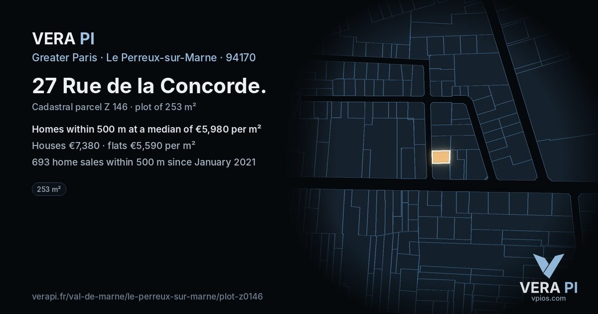 27 Rue de la Concorde, Le Perreux-sur-Marne at night – the plot lit, the parcels around coloured by the prices near them