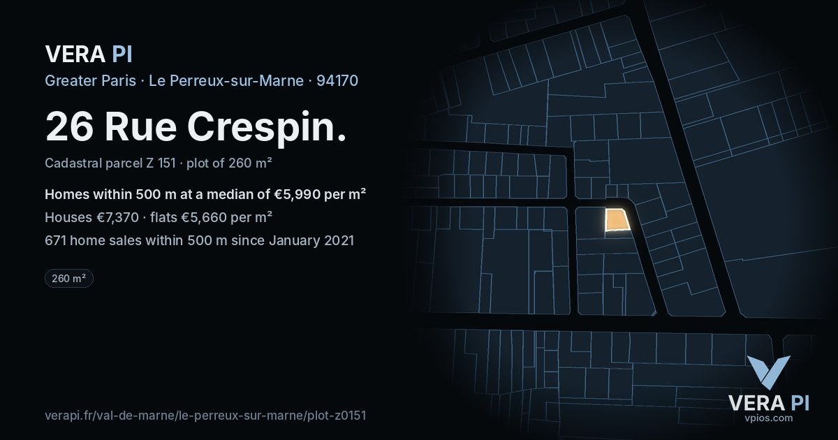 26 Rue Crespin, Le Perreux-sur-Marne at night – the plot lit, the parcels around coloured by the prices near them