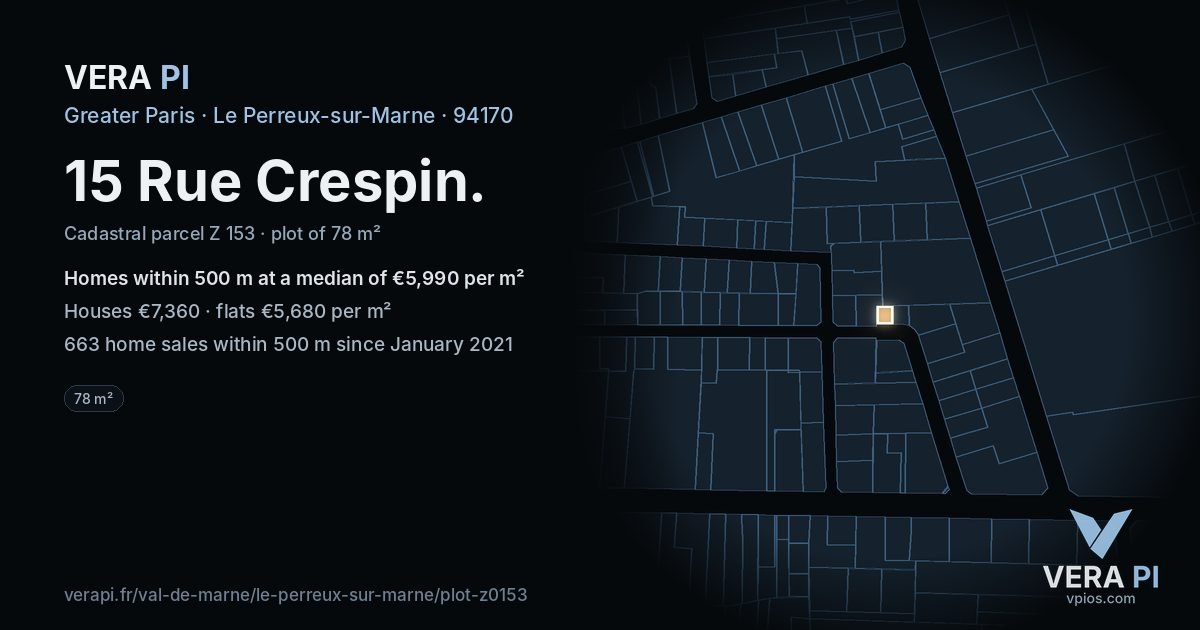 15 Rue Crespin, Le Perreux-sur-Marne at night – the plot lit, the parcels around coloured by the prices near them