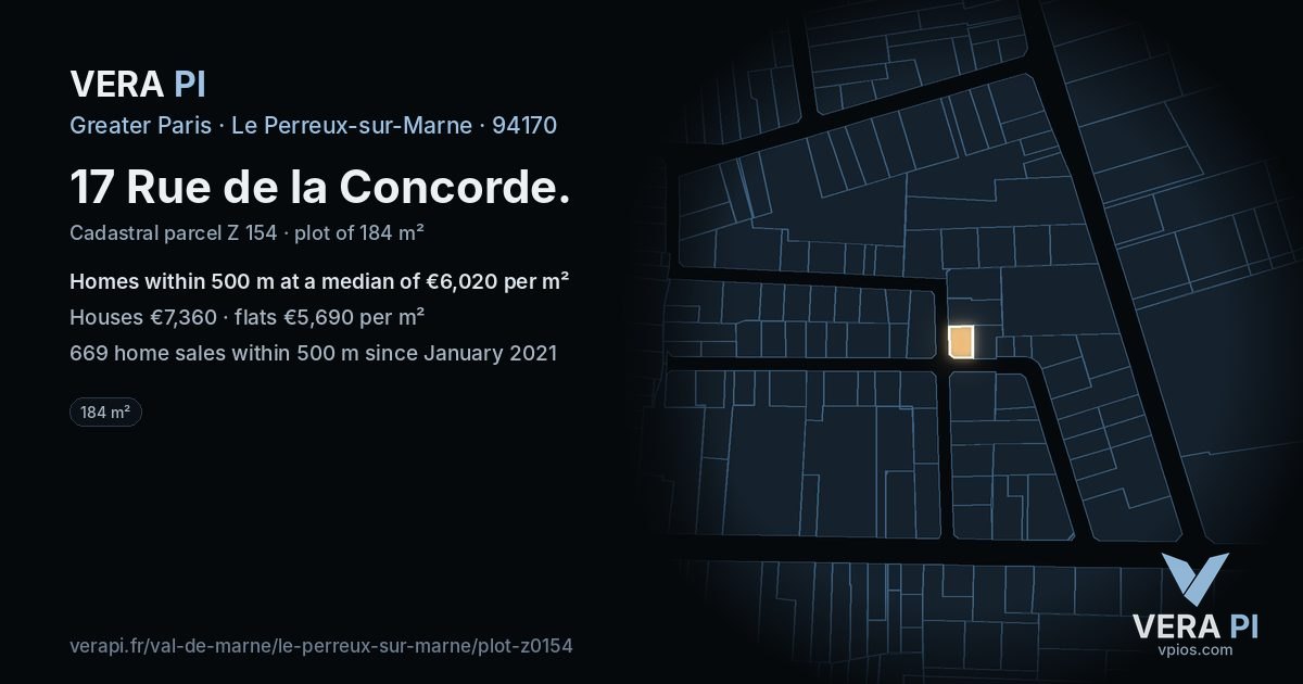 17 Rue de la Concorde, Le Perreux-sur-Marne at night – the plot lit, the parcels around coloured by the prices near them