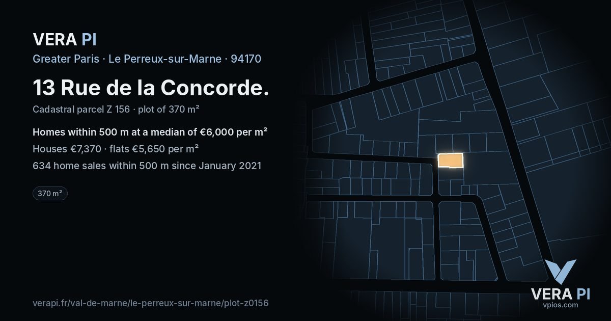 13 Rue de la Concorde, Le Perreux-sur-Marne at night – the plot lit, the parcels around coloured by the prices near them