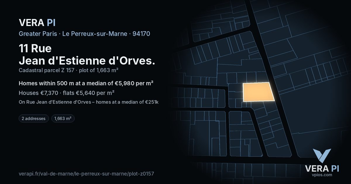 11 Rue Jean d'Estienne d'Orves, Le Perreux-sur-Marne at night – the plot lit, the parcels around coloured by the prices near them