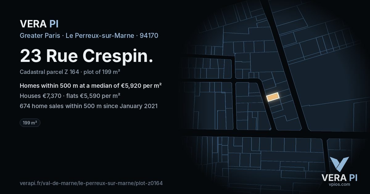 23 Rue Crespin, Le Perreux-sur-Marne at night – the plot lit, the parcels around coloured by the prices near them