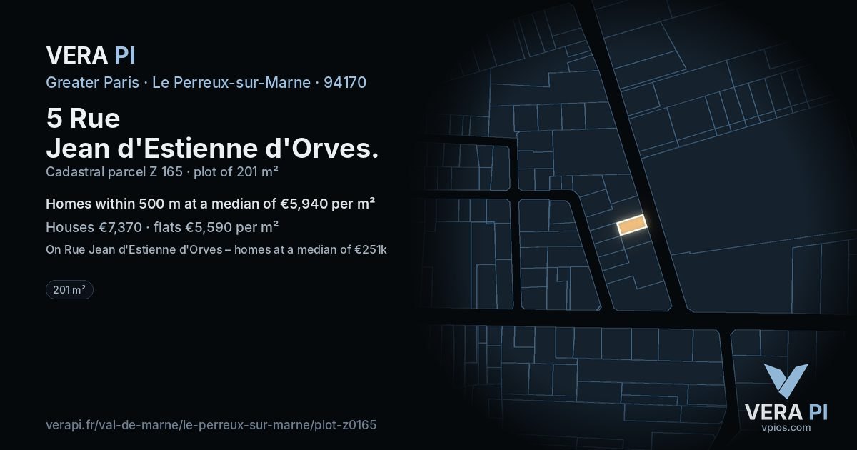 5 Rue Jean d'Estienne d'Orves, Le Perreux-sur-Marne at night – the plot lit, the parcels around coloured by the prices near them