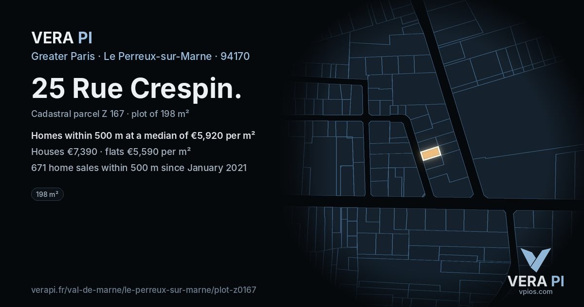 25 Rue Crespin, Le Perreux-sur-Marne at night – the plot lit, the parcels around coloured by the prices near them