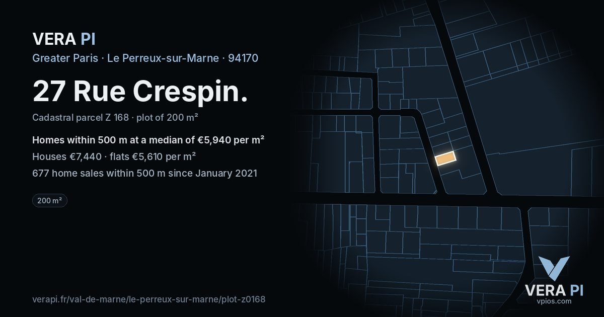 27 Rue Crespin, Le Perreux-sur-Marne at night – the plot lit, the parcels around coloured by the prices near them