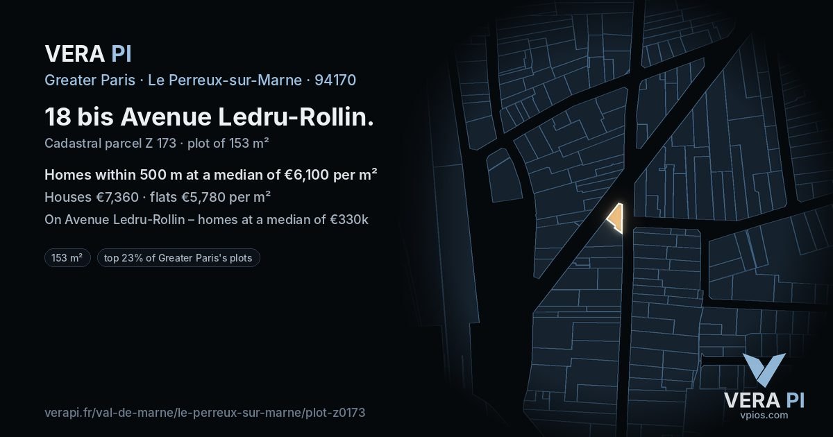 18 bis Avenue Ledru-Rollin, Le Perreux-sur-Marne at night – the plot lit, the parcels around coloured by the prices near them