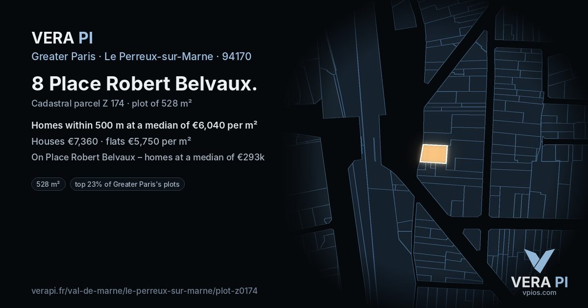 8 Place Robert Belvaux, Le Perreux-sur-Marne at night – the plot lit, the parcels around coloured by the prices near them