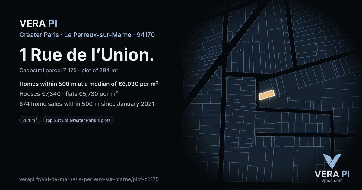 1 Rue de l’Union, Le Perreux-sur-Marne at night – the plot lit, the parcels around coloured by the prices near them