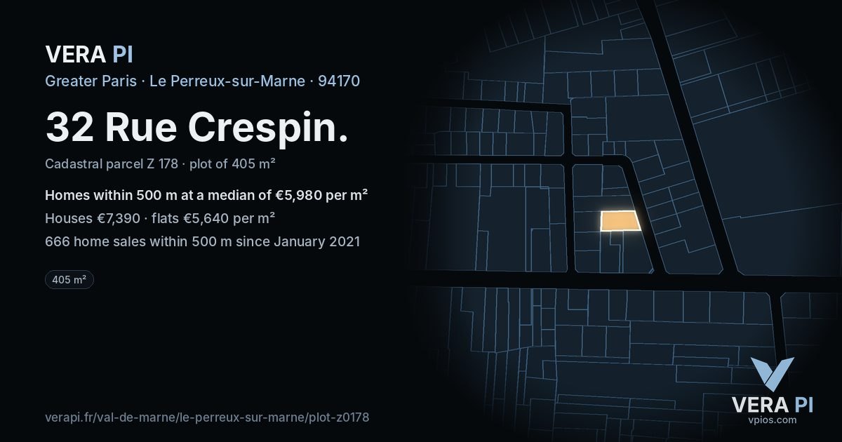 32 Rue Crespin, Le Perreux-sur-Marne at night – the plot lit, the parcels around coloured by the prices near them