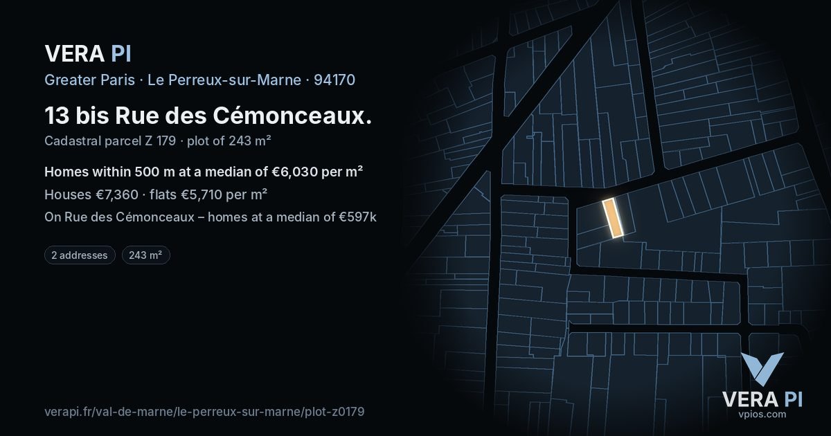 13 bis Rue des Cémonceaux, Le Perreux-sur-Marne at night – the plot lit, the parcels around coloured by the prices near them