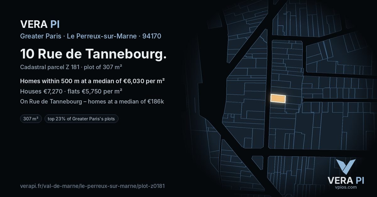 10 Rue de Tannebourg, Le Perreux-sur-Marne at night – the plot lit, the parcels around coloured by the prices near them