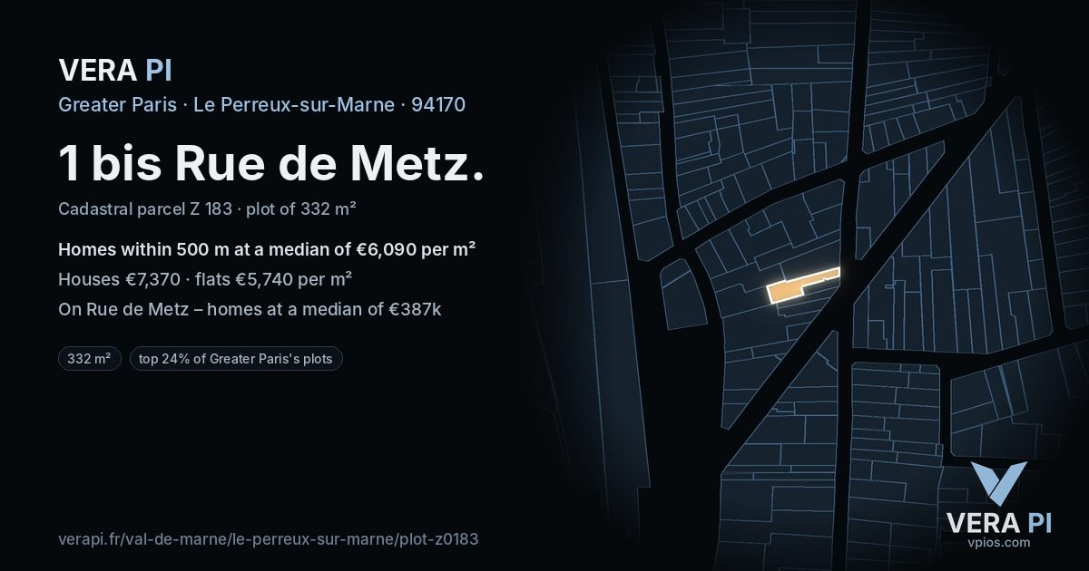 1 bis Rue de Metz, Le Perreux-sur-Marne at night – the plot lit, the parcels around coloured by the prices near them