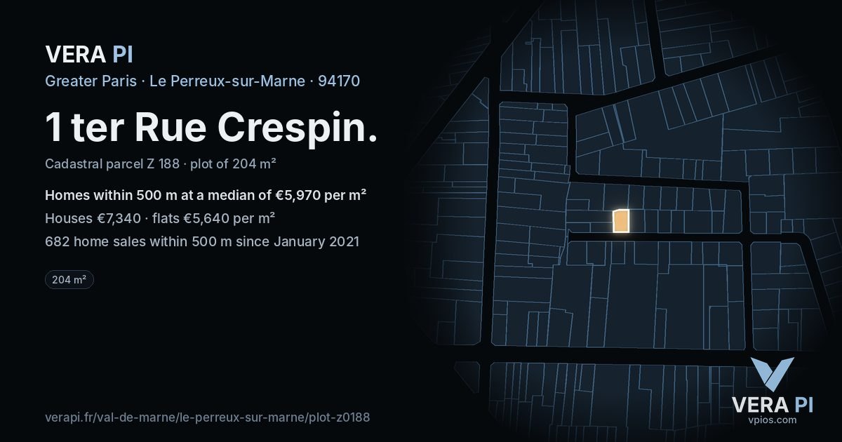 1 ter Rue Crespin, Le Perreux-sur-Marne at night – the plot lit, the parcels around coloured by the prices near them