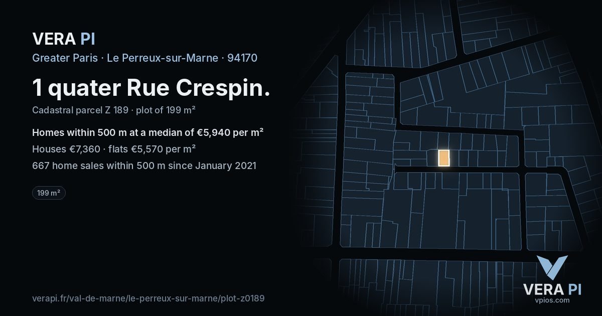 1 quater Rue Crespin, Le Perreux-sur-Marne at night – the plot lit, the parcels around coloured by the prices near them