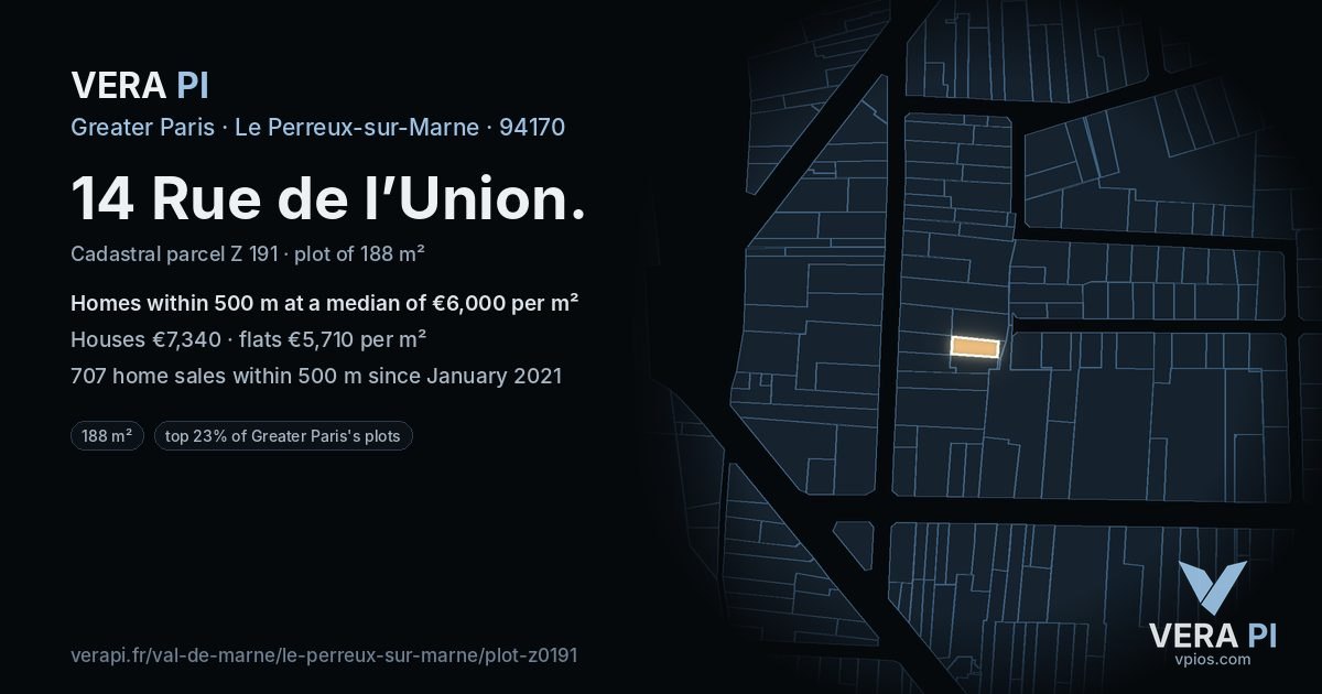 14 Rue de l’Union, Le Perreux-sur-Marne at night – the plot lit, the parcels around coloured by the prices near them