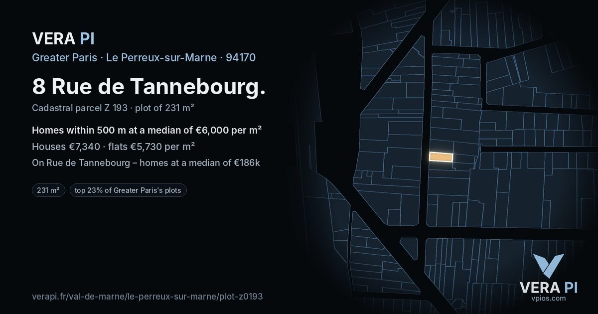 8 Rue de Tannebourg, Le Perreux-sur-Marne at night – the plot lit, the parcels around coloured by the prices near them