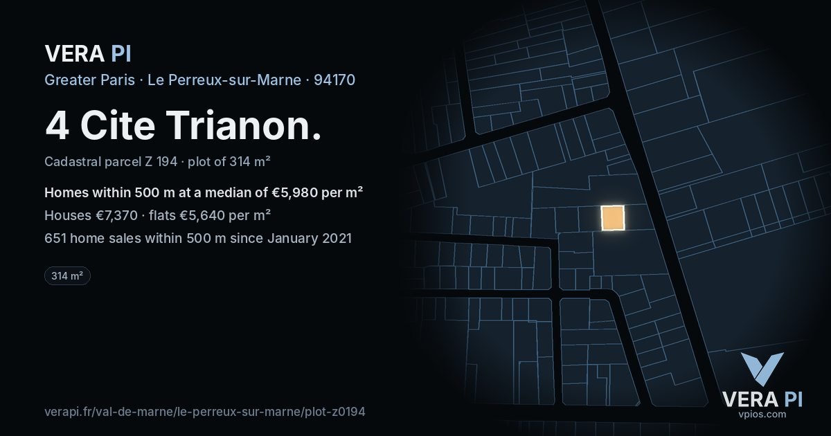4 Cite Trianon, Le Perreux-sur-Marne at night – the plot lit, the parcels around coloured by the prices near them