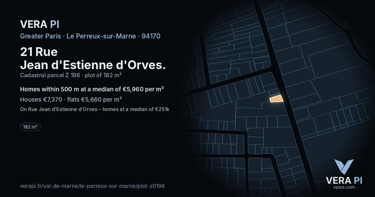 21 Rue Jean d'Estienne d'Orves, Le Perreux-sur-Marne at night – the plot lit, the parcels around coloured by the prices near them