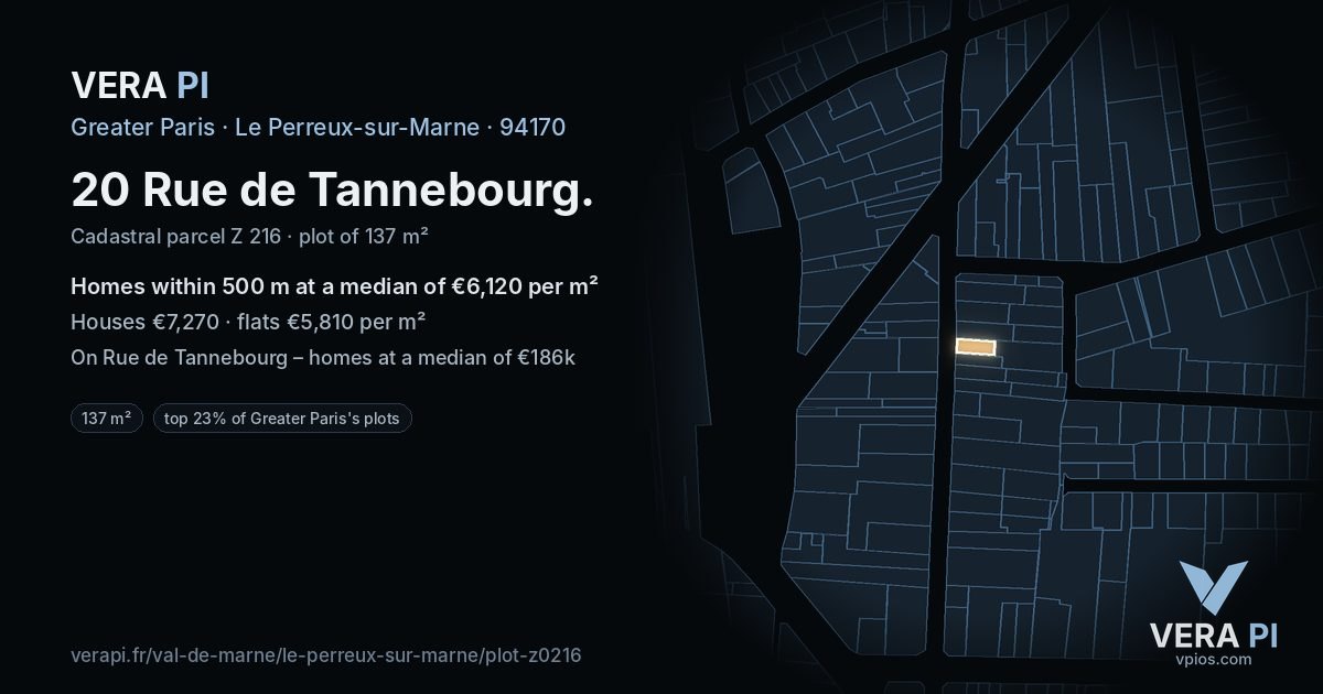 20 Rue de Tannebourg, Le Perreux-sur-Marne at night – the plot lit, the parcels around coloured by the prices near them