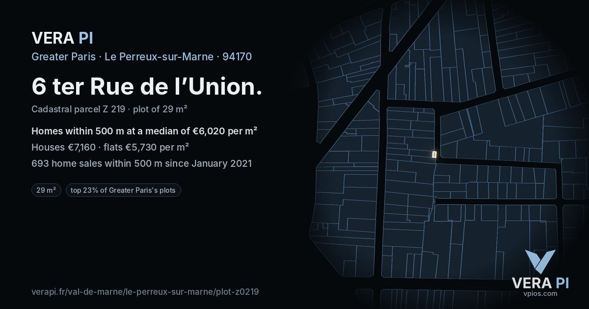 6 ter Rue de l’Union, Le Perreux-sur-Marne at night – the plot lit, the parcels around coloured by the prices near them