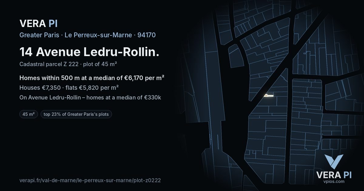 14 Avenue Ledru-Rollin, Le Perreux-sur-Marne at night – the plot lit, the parcels around coloured by the prices near them