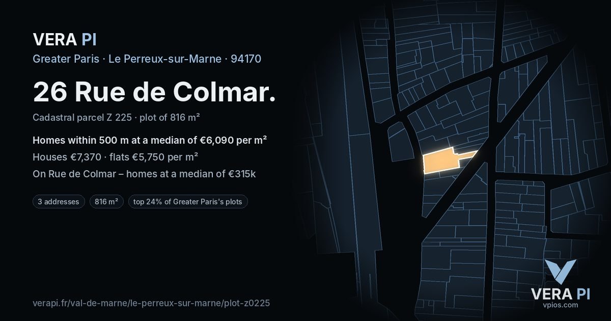 26 Rue de Colmar, Le Perreux-sur-Marne at night – the plot lit, the parcels around coloured by the prices near them
