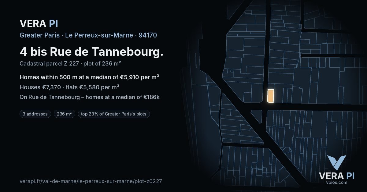4 bis Rue de Tannebourg, Le Perreux-sur-Marne at night – the plot lit, the parcels around coloured by the prices near them