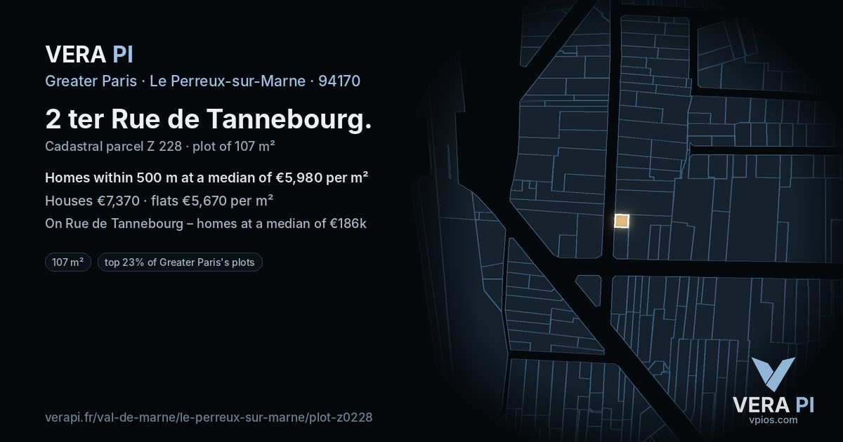2 ter Rue de Tannebourg, Le Perreux-sur-Marne at night – the plot lit, the parcels around coloured by the prices near them