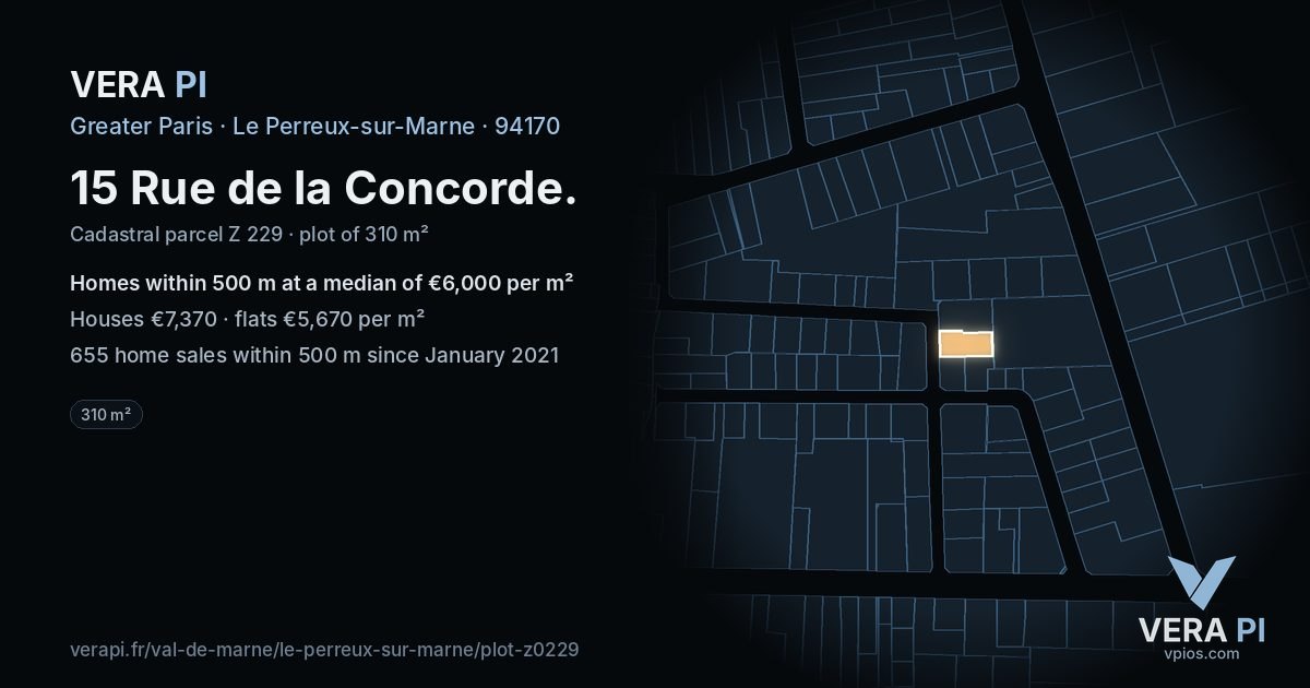 15 Rue de la Concorde, Le Perreux-sur-Marne at night – the plot lit, the parcels around coloured by the prices near them
