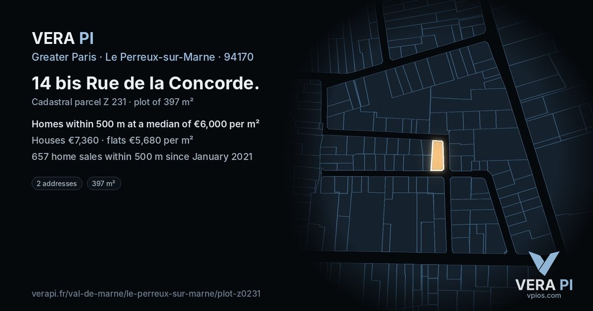 14 bis Rue de la Concorde, Le Perreux-sur-Marne at night – the plot lit, the parcels around coloured by the prices near them