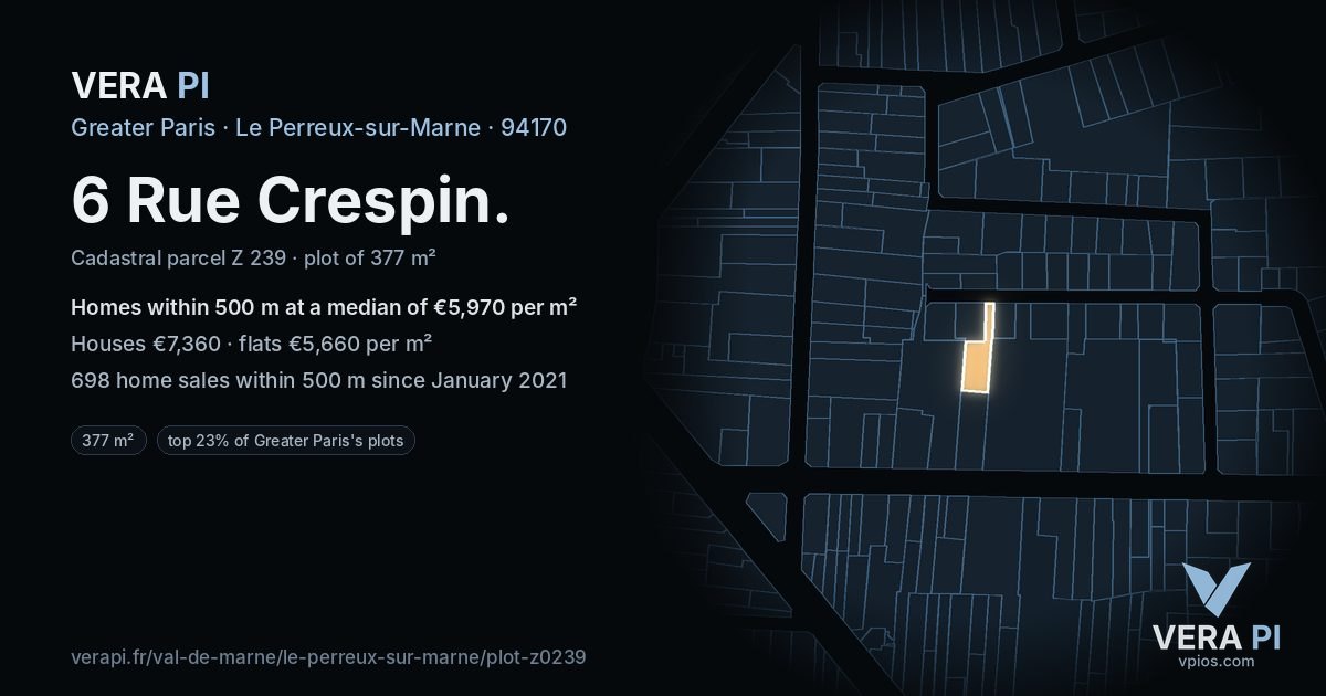 6 Rue Crespin, Le Perreux-sur-Marne at night – the plot lit, the parcels around coloured by the prices near them