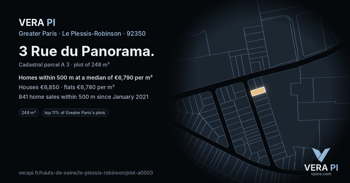3 Rue du Panorama, Le Plessis-Robinson at night – the plot lit, the parcels around coloured by the prices near them