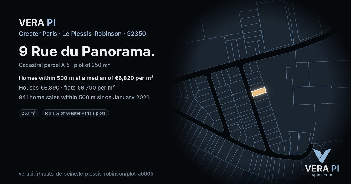 9 Rue du Panorama, Le Plessis-Robinson at night – the plot lit, the parcels around coloured by the prices near them
