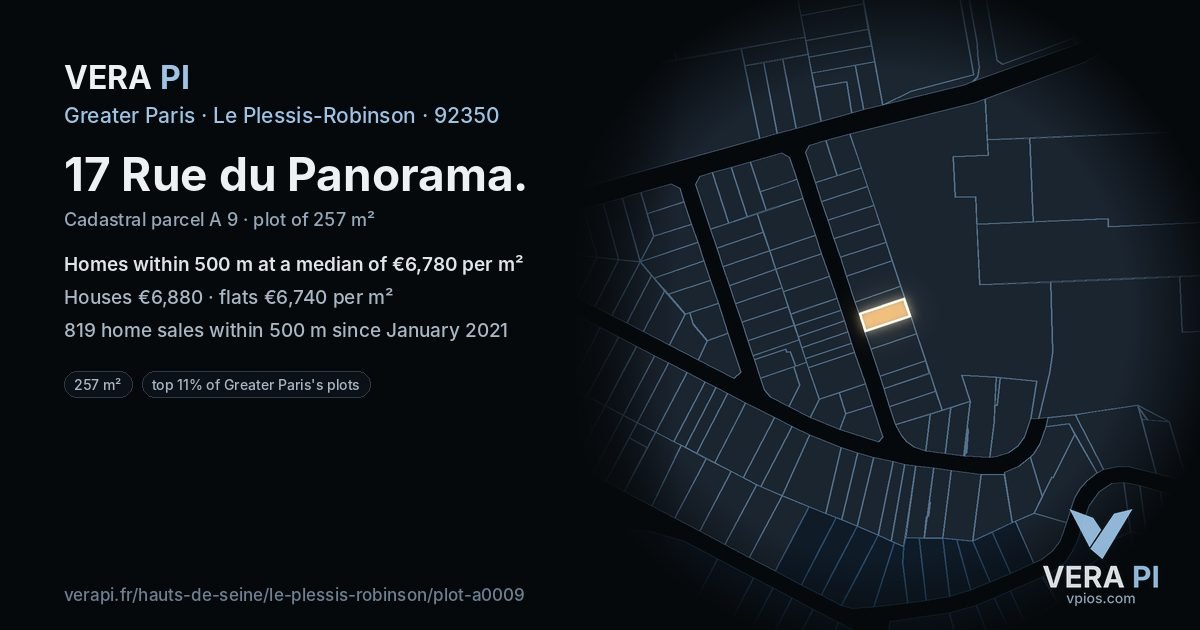 17 Rue du Panorama, Le Plessis-Robinson at night – the plot lit, the parcels around coloured by the prices near them