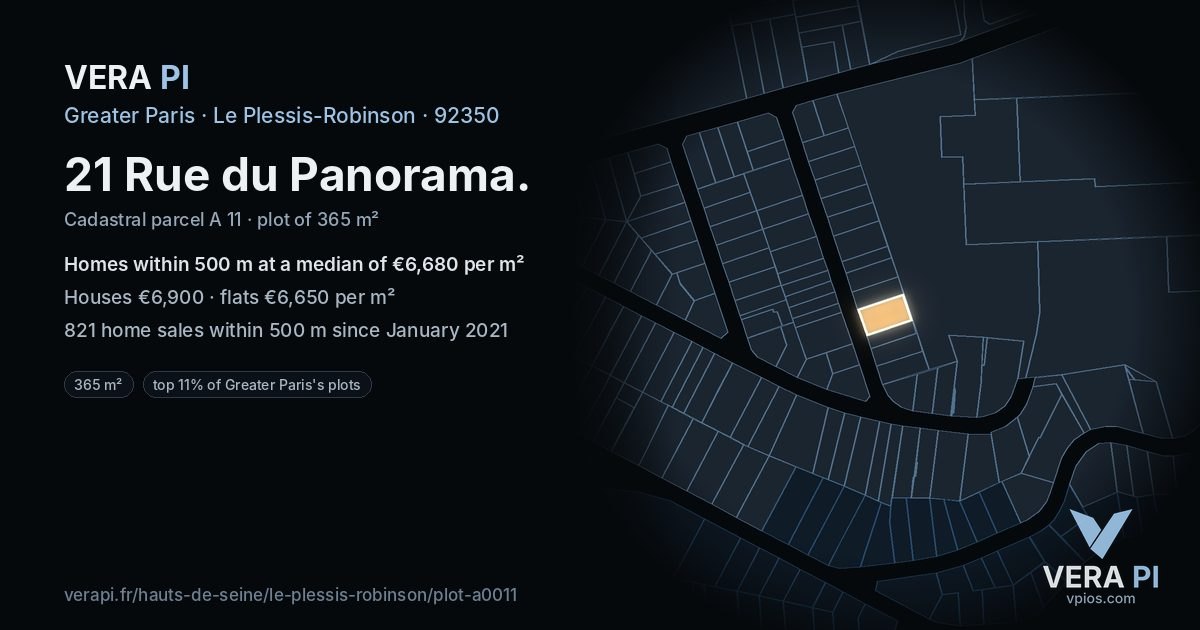 21 Rue du Panorama, Le Plessis-Robinson at night – the plot lit, the parcels around coloured by the prices near them