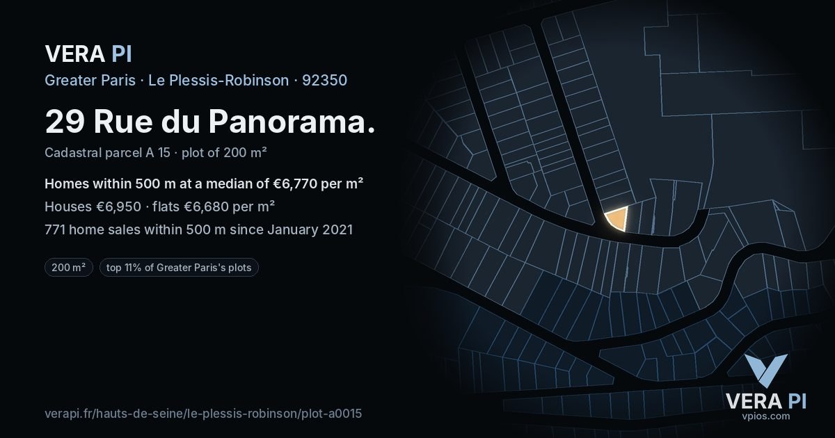 29 Rue du Panorama, Le Plessis-Robinson at night – the plot lit, the parcels around coloured by the prices near them