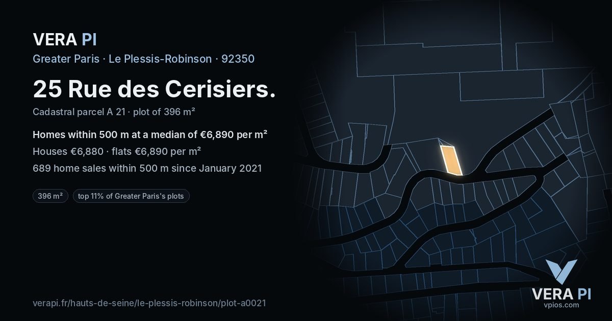 25 Rue des Cerisiers, Le Plessis-Robinson at night – the plot lit, the parcels around coloured by the prices near them