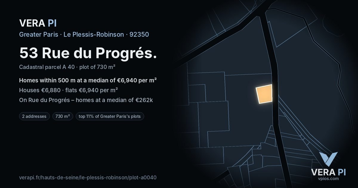 53 Rue du Progrés, Le Plessis-Robinson at night – the plot lit, the parcels around coloured by the prices near them
