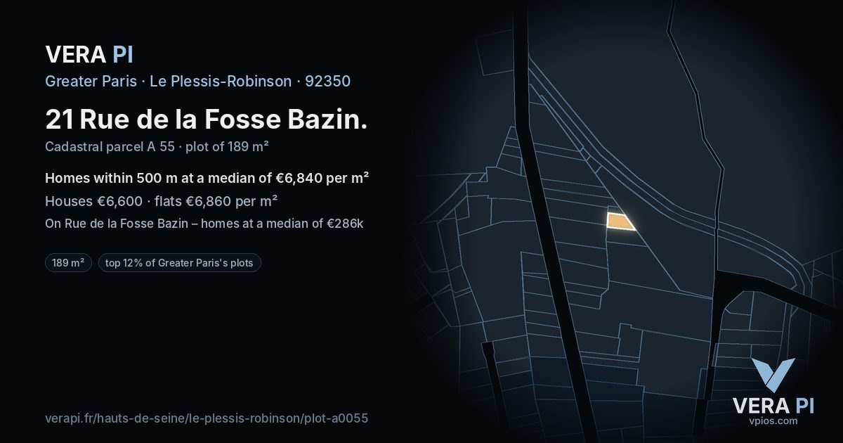 21 Rue de la Fosse Bazin, Le Plessis-Robinson at night – the plot lit, the parcels around coloured by the prices near them