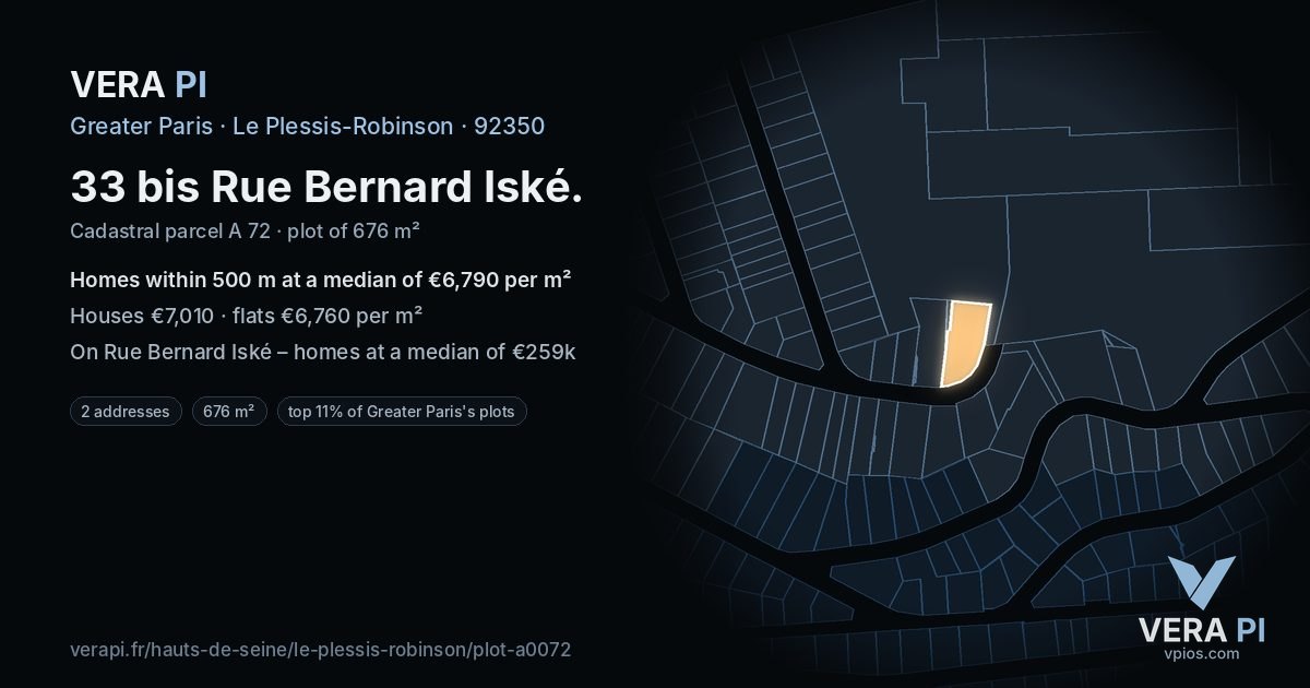 33 bis Rue Bernard Iské, Le Plessis-Robinson at night – the plot lit, the parcels around coloured by the prices near them