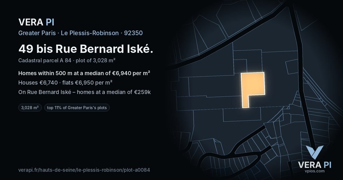 49 bis Rue Bernard Iské, Le Plessis-Robinson at night – the plot lit, the parcels around coloured by the prices near them
