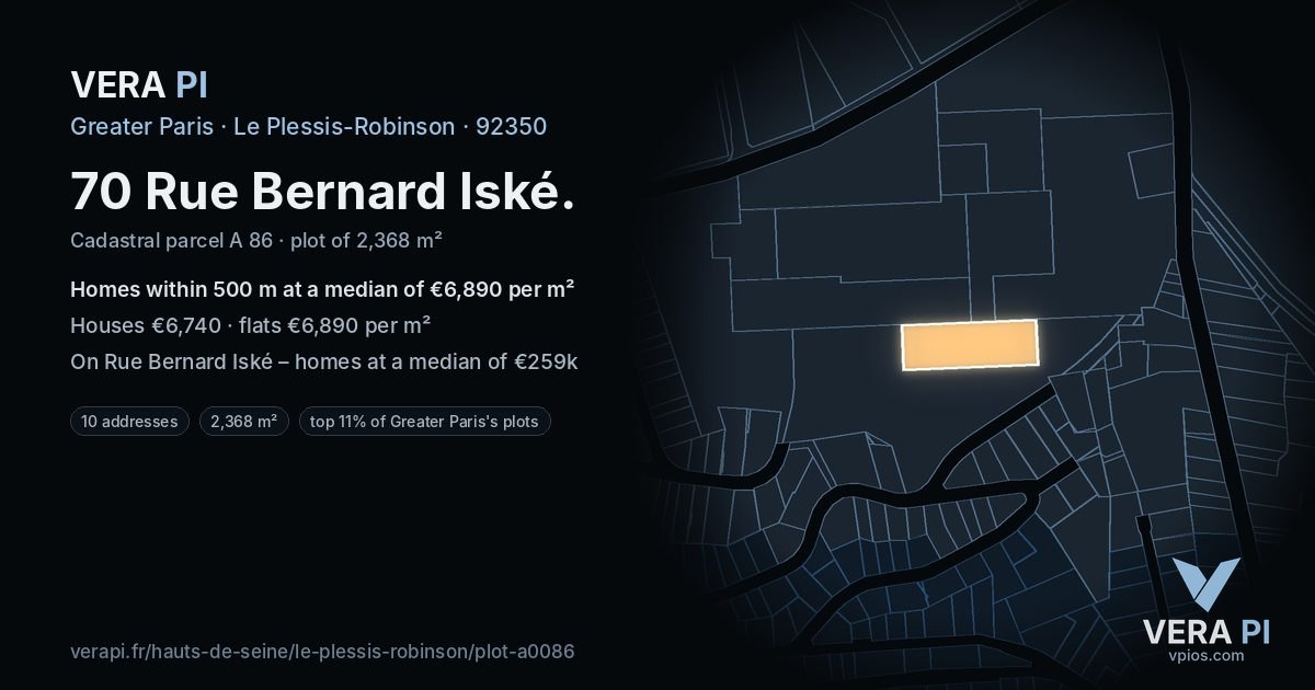 70 Rue Bernard Iské, Le Plessis-Robinson at night – the plot lit, the parcels around coloured by the prices near them