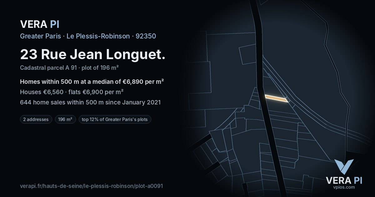 23 Rue Jean Longuet, Le Plessis-Robinson at night – the plot lit, the parcels around coloured by the prices near them