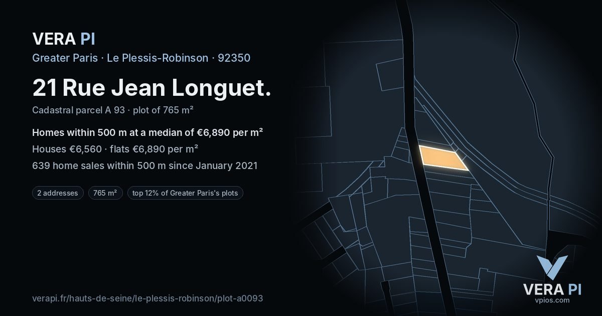 21 Rue Jean Longuet, Le Plessis-Robinson at night – the plot lit, the parcels around coloured by the prices near them