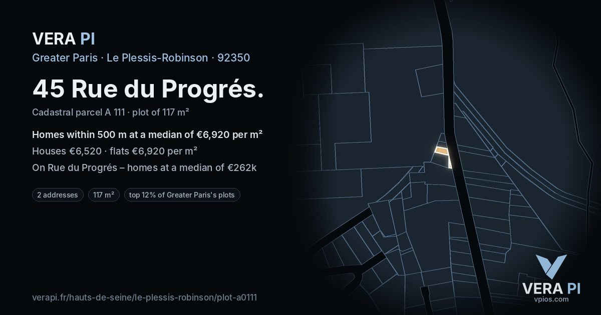45 Rue du Progrés, Le Plessis-Robinson at night – the plot lit, the parcels around coloured by the prices near them