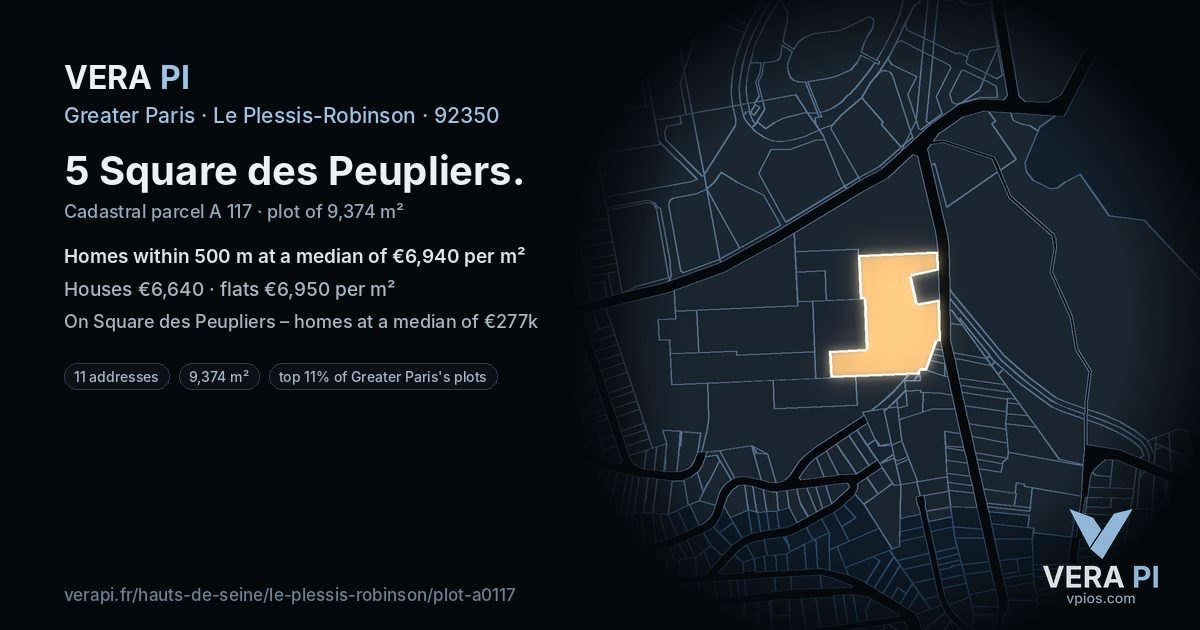 5 Square des Peupliers, Le Plessis-Robinson at night – the plot lit, the parcels around coloured by the prices near them